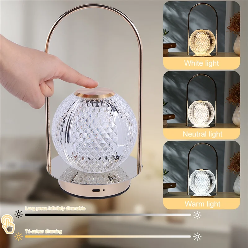 ABKO-Cordless Crystal Table Lamp LED Touch Control, USB Rechargeable With 3 Light Colors For Bars And Restaurants