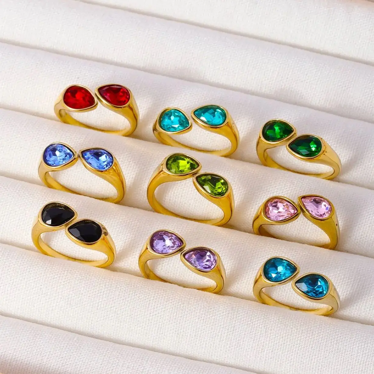 Stylish Stainless Steel Ring Open Design Double Birthstone Colorful Stone Waterdrop Shape Modern Elegance Gift Birthday