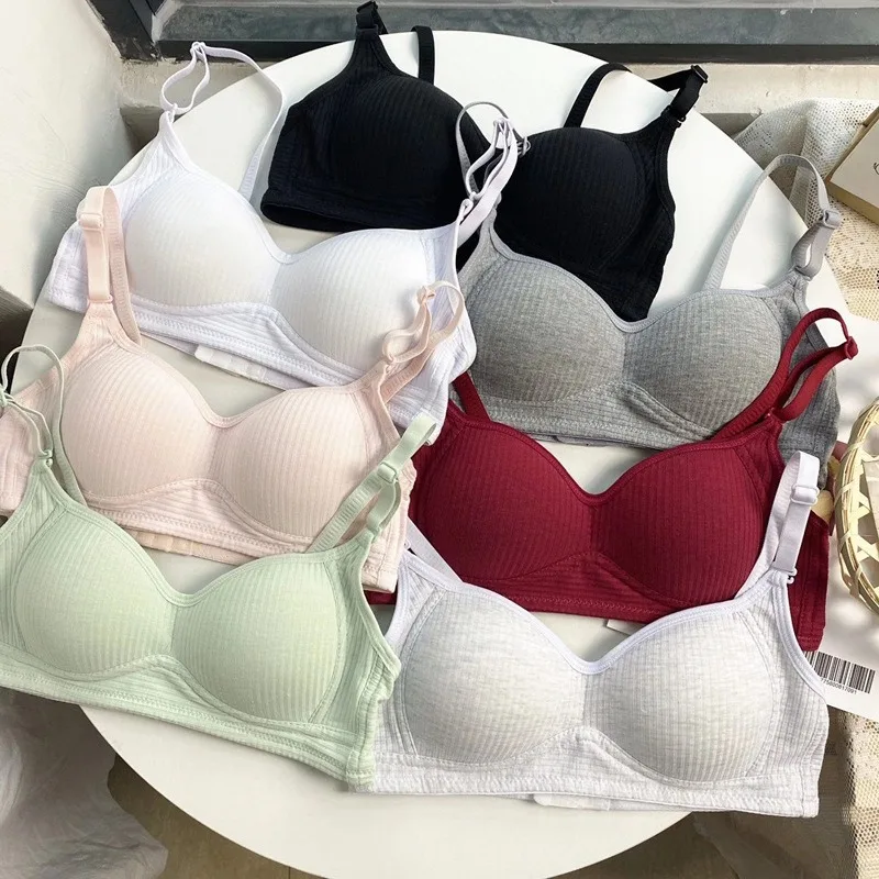 New Simple Gather Bras for Women Students Adjustable Breathable Cotton Underwear Pure Color No Steel Ring Developmental Bralette