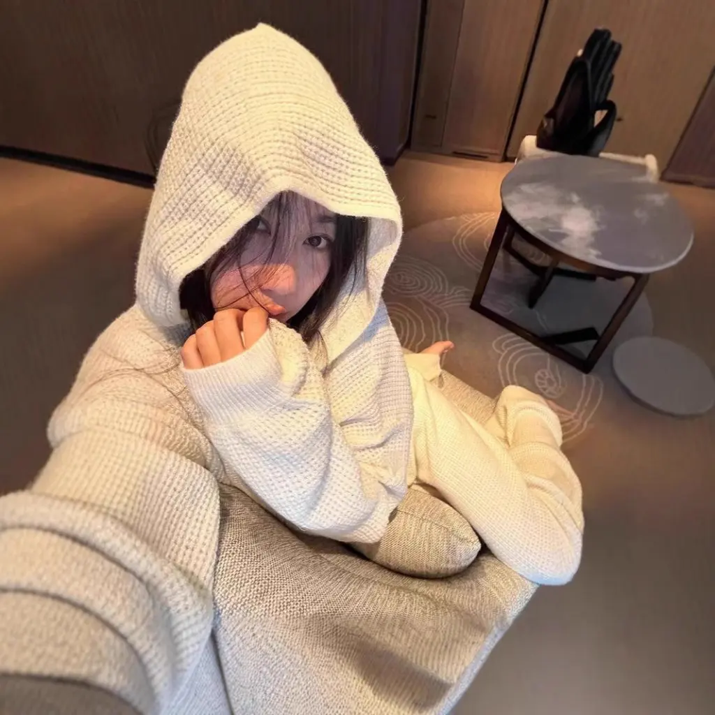 

Женский вафельный вязаный кардиган, топ с капюшоном на молнии, японский ленивый стиль, повседневная верхняя одежда в стиле ретро