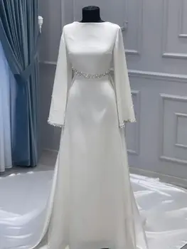 Ciynsia Aangepaste Elegante Lange Mouw Moslim Trouwjurk 2025, Bruid Kralen Parels Ivoor Bruidsjurken Hoge Hals Robe De Mariée