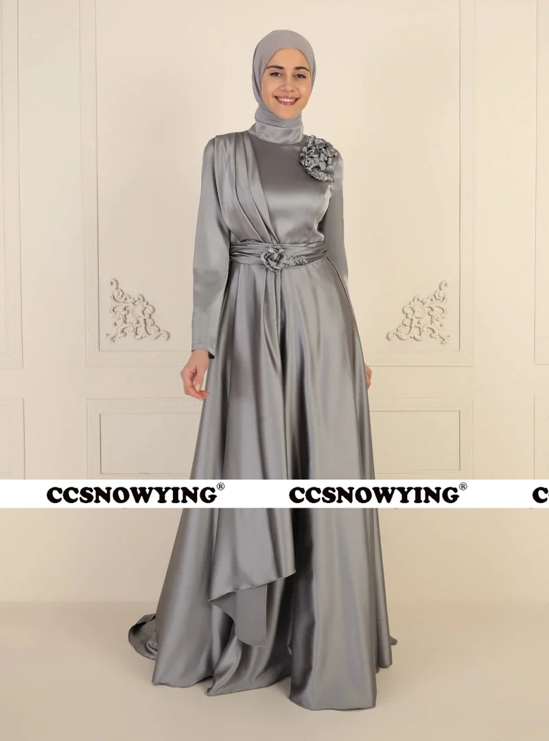 

Satin Appliques Long Sleeve Muslim Evening Dresses Hijab Islamic Formal Party Gown High Neck Arabic Kaftan Robes De Soirée