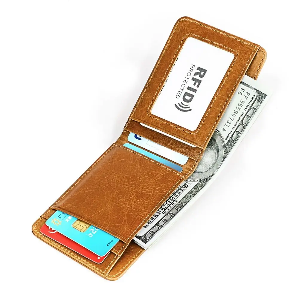 Minimalist Men's Leather Slim Wallet ID Window Cowhide Leather Money Clip for Men 6 Card Slots Bifold RFID Blocking Card Holder