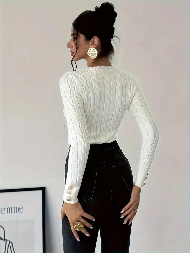 Faionable décontracté tricoté pull rond Ne torsadé haut en laine femmes Premium vêtements trajet Sle Long Sve coupe régulière