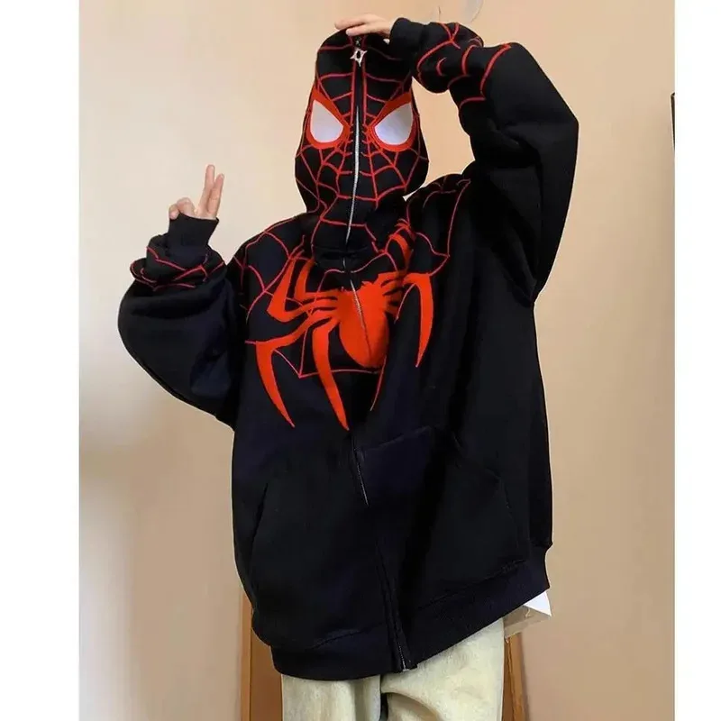 Sky02 หลวมHooded Sweatshirt Y2kผู้ชายSpiderพิมพ์Hoodiesผู้หญิงHip Hopซิปเสื้อแขนยาวเสื้อแจ็คเก็ตฤดูใบไม้ร่วงฤดูหนาวHara88Ji