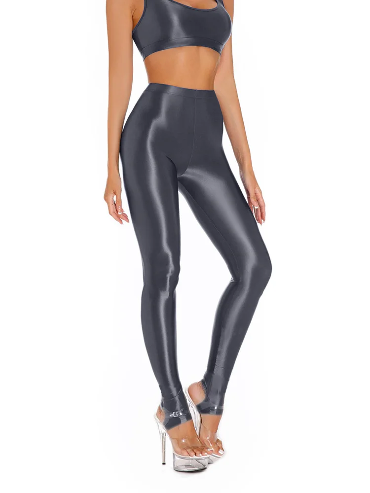 Sexy Satin Oil Glossy Shiny Pencil Foot Pants Elastic Tight Smooth Sheer See Through Leggings Dance Tights Candy Color Leotard