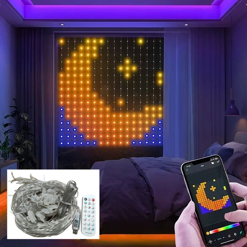 

USB DC5V Smart Led String Рождественские огни Bluetooth Музыкальное приложение Контрольная занавеска Светодиодный рождественский декор для вечеринки 1,6 м x 1,6 м