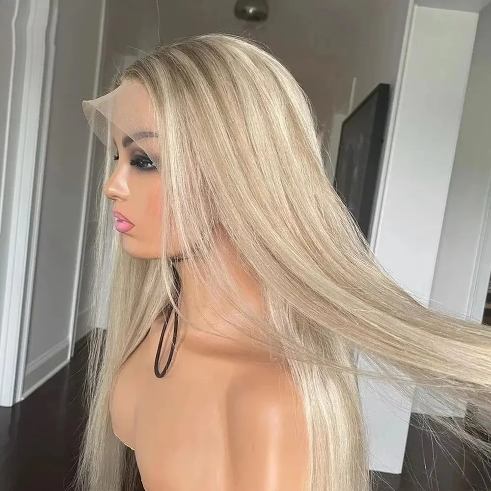 Realistic Look Rooted Glueless Wigs Ombre Ash Platinum Blonde Highlights Synthetic Lace Front Wig 13x4 Straight Wig For Women