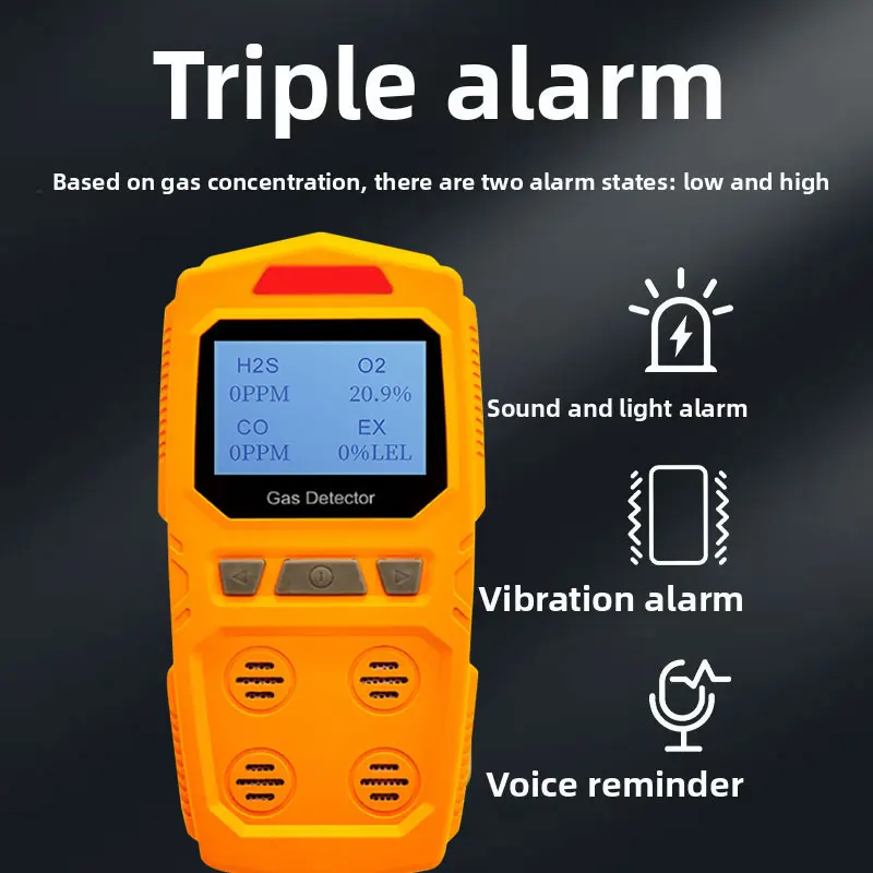 Portable 4-in-1 Gas Detector, Handheld Combustible Gas and Toxic and Harmful Gas Analyzer, CO, O2, Hydrogen Sulfide, Voice, Vibr