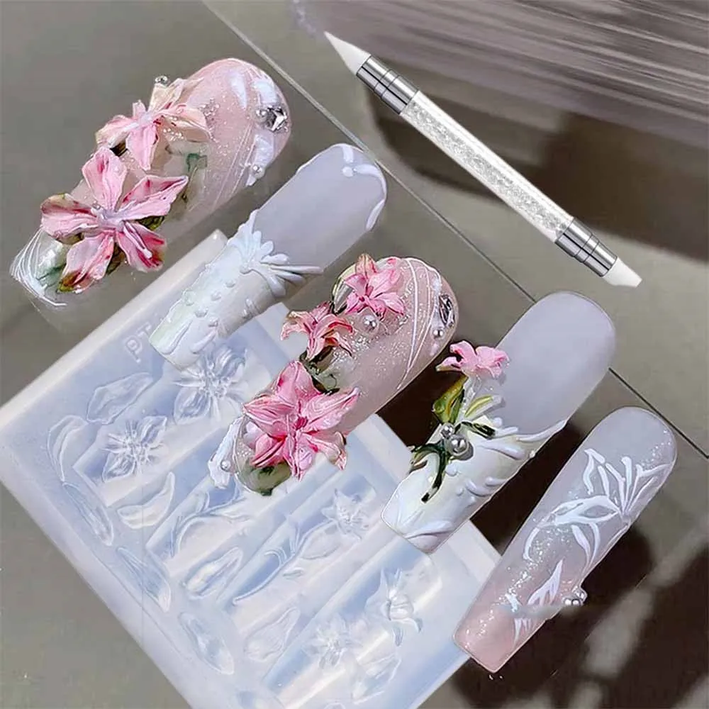 2 unids/set 3D tallado curvado flor de lirio molde de uñas plantilla de silicona transparente arte de uñas plantilla Floral con pluma tallada herramientas de manicura
