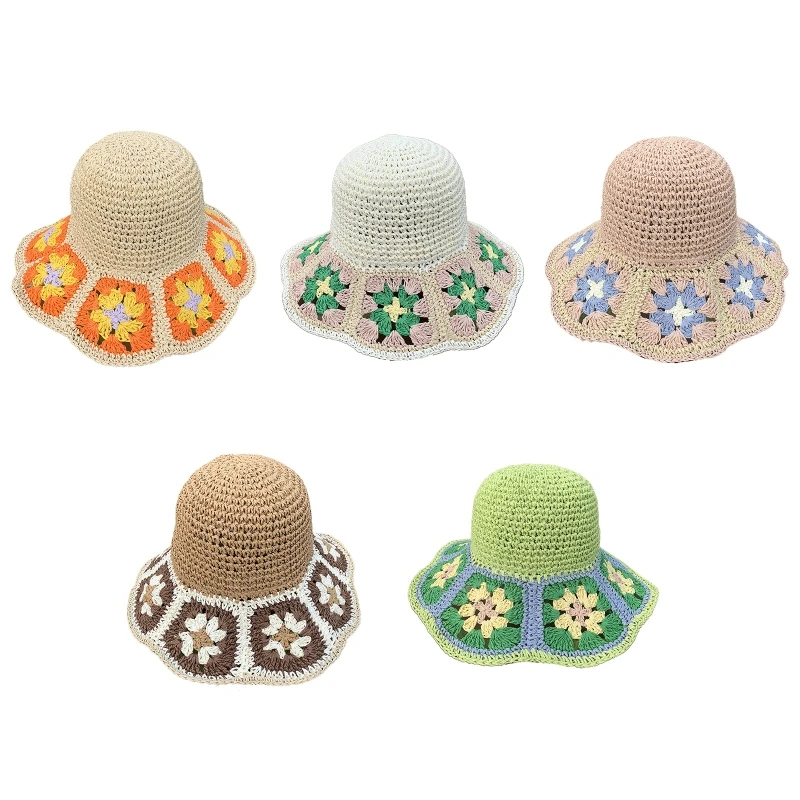 

Crochet Floral Crochet Bucket Hat Multi-Color Flower Decor Wide Brim Bucket Hat Skin-friendly Soft Fisherman Dropship