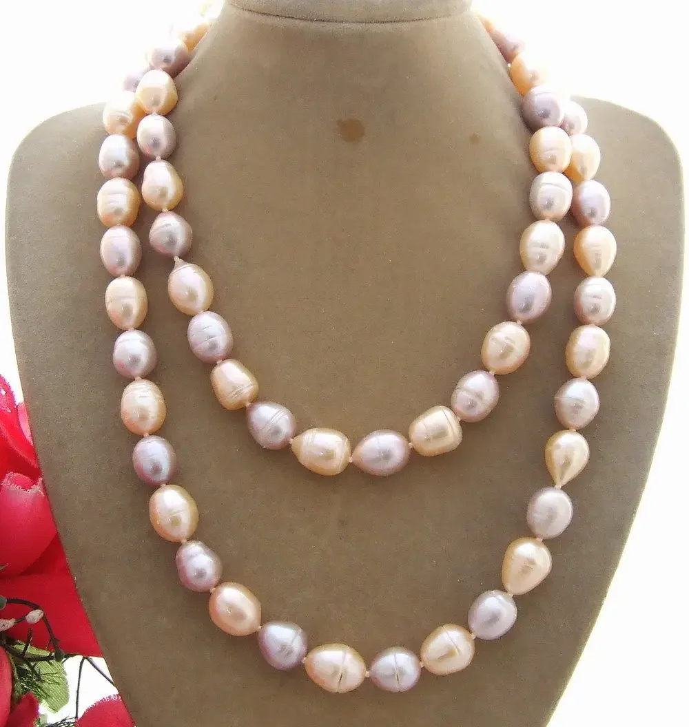 

Hand knotted 9-10mm pink and purple rice freshwater cultured pearl necklace 86cm fashion jewelry