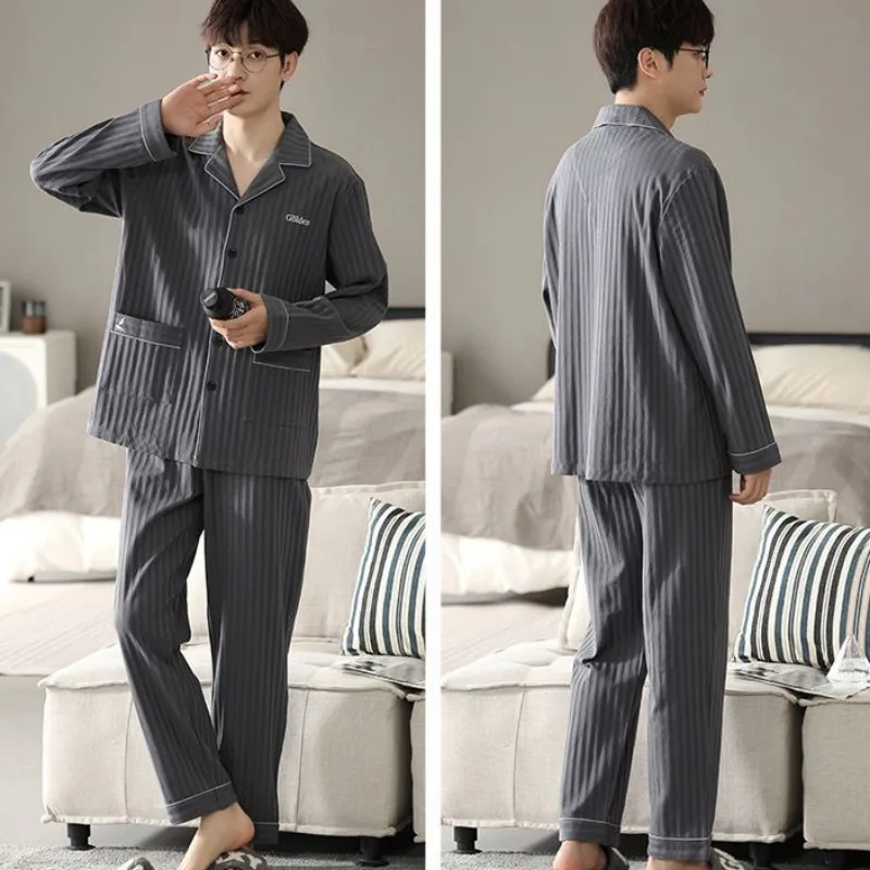 Terno casual solto masculino de algodão, cardigã de manga comprida, conjunto loungewear coreano, nova moda, primavera e outono, 2024