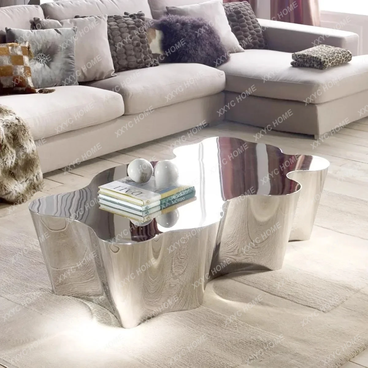 Y Italian minimalist special-shaped stainless steel silver glossy coffee table high-end clubhouse coffee table