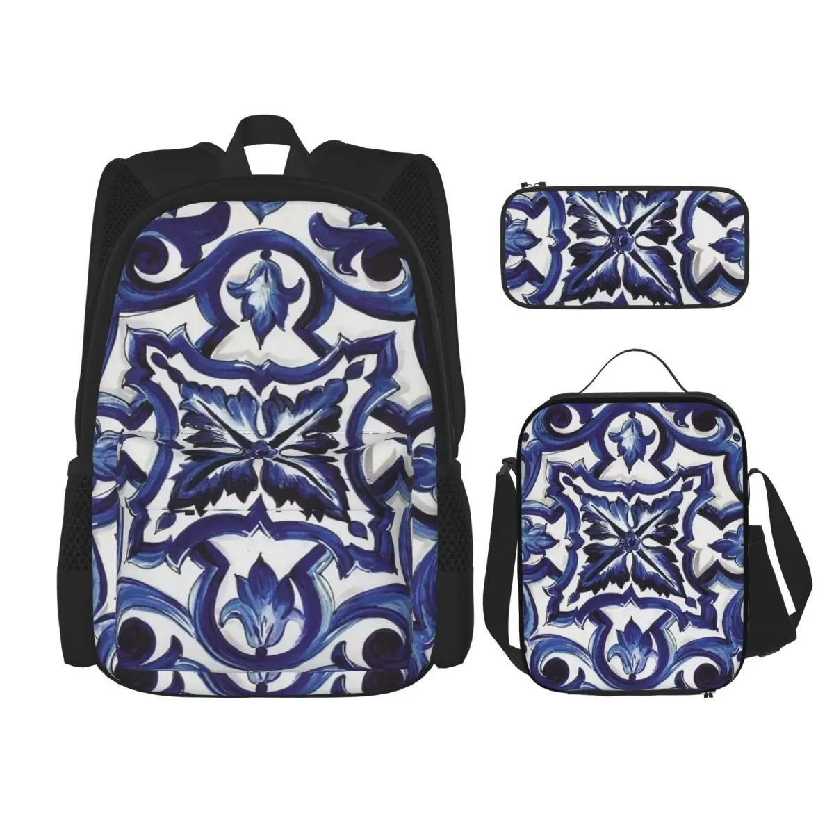

Blue Ornate Floral Mediterranean Sicilian Tile Backpacks Bookbag School Bags Kids Rucksack Lunch Bag Pen Bag Three-Piece Set