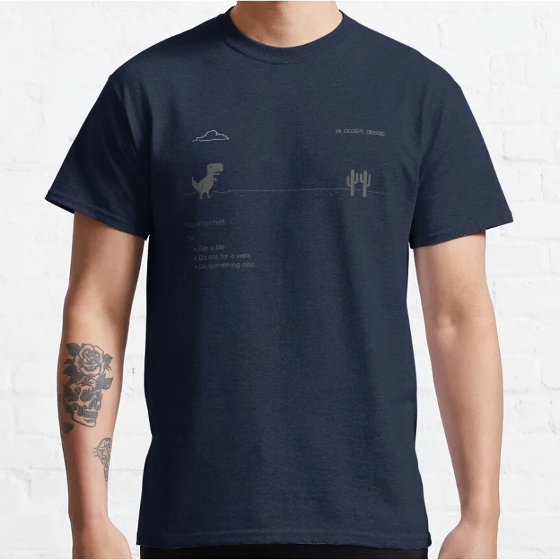 Error dino- no internet connection Funny offline t rex 90s cartoon pixel video game dinosaur T-shirt
