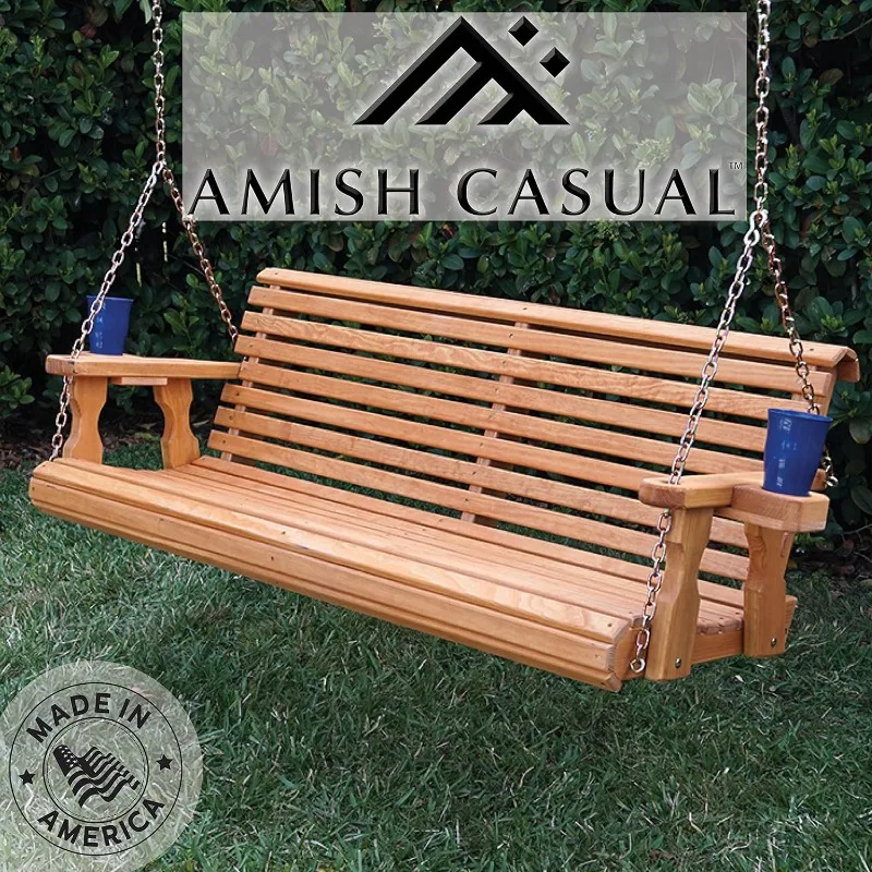 Amish Casual 5 Foot Roll Back Porch Swing with Cup Holders in Cedar Stain - Amish Made in The USA from Treated Pine, Heavy