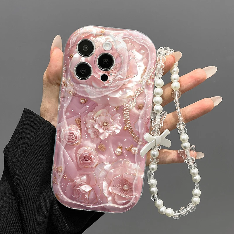 Lanyard Phone Case For Samsung Galaxy A57 S26 S25 Ultra Plus A37 A15 A17 A27 A36 A06 Luxury Pink Rose Pearl Wrist Strap Cover