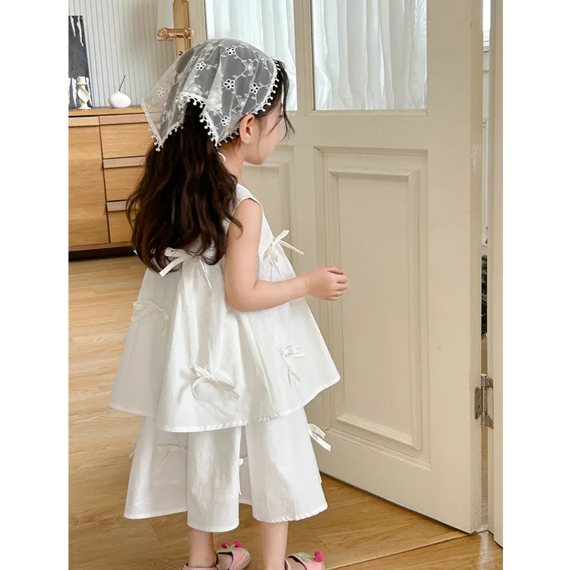 

Baby Girl Clothes Suit Girls Wear Summer Korean Wear Suit White Bow Sleeveless Vest A-line Princess Skirt Fashion Two-piece Set