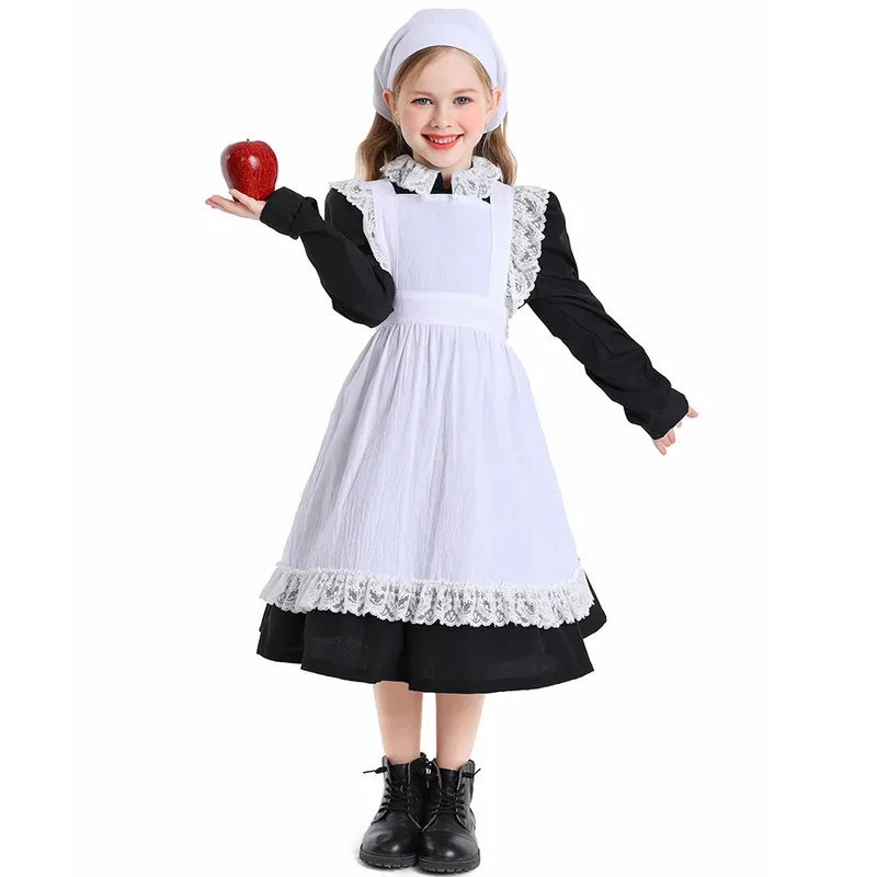 Umorden 4-10Y Kids Child Girls Khaki White Lace Ruffle Apron Bonnet for Pilgrim Girl Village Farm Pioneer Prairie Maid Costume view 5