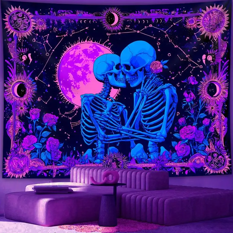 Lovers Skeleton Tapestry Moon Rose Tarot Constellation Polyester Wall Hanging UV Reactive Aesthetic Bedroom Dorm Home Decor