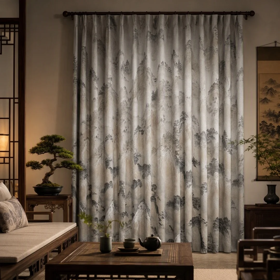 Chinese Landscape Jacquard Curtain,Oriental Mountain Scenery Woven Drapes,Window Curtain for Living Room Bedroom