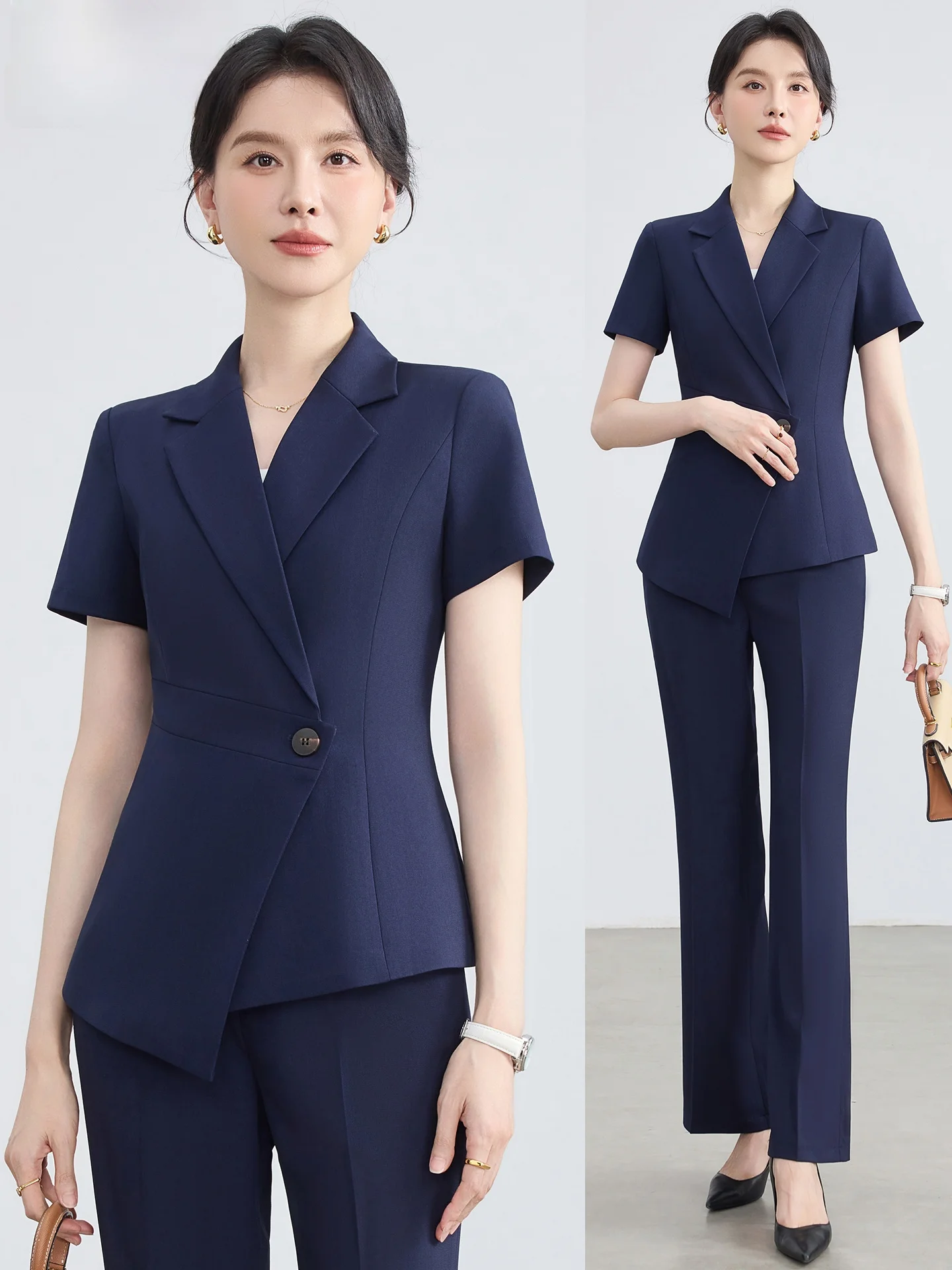 

Костюм-двойка Slim Fit с коротким рукавом для женщин: летний, тонкий, с завышенной талией, элегантный, для работы в ювелирных магазинах, на ресепшене отелей и для персонала.