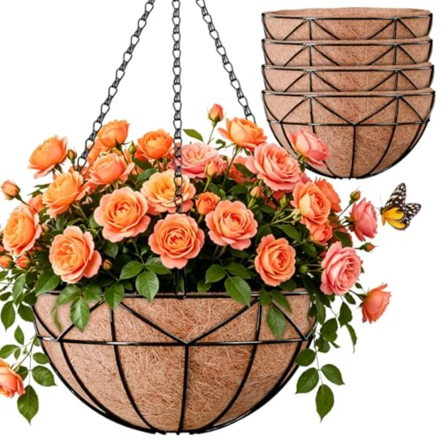 Outdoor 4-pack 16-inch metal wire hanging baskets with coco linerblack, durable, rust-resistant, for wall, patio, porch, balcon