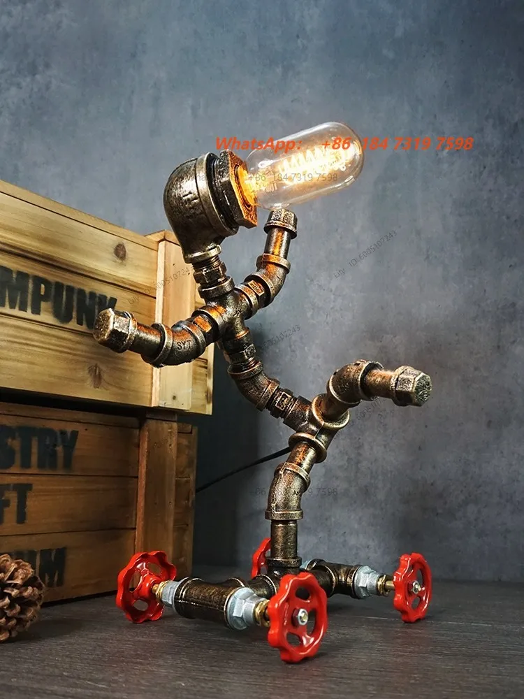 Creative retro, industrial style lighting, punk iron pipe desk lamp water pipe robot, decorative ornament