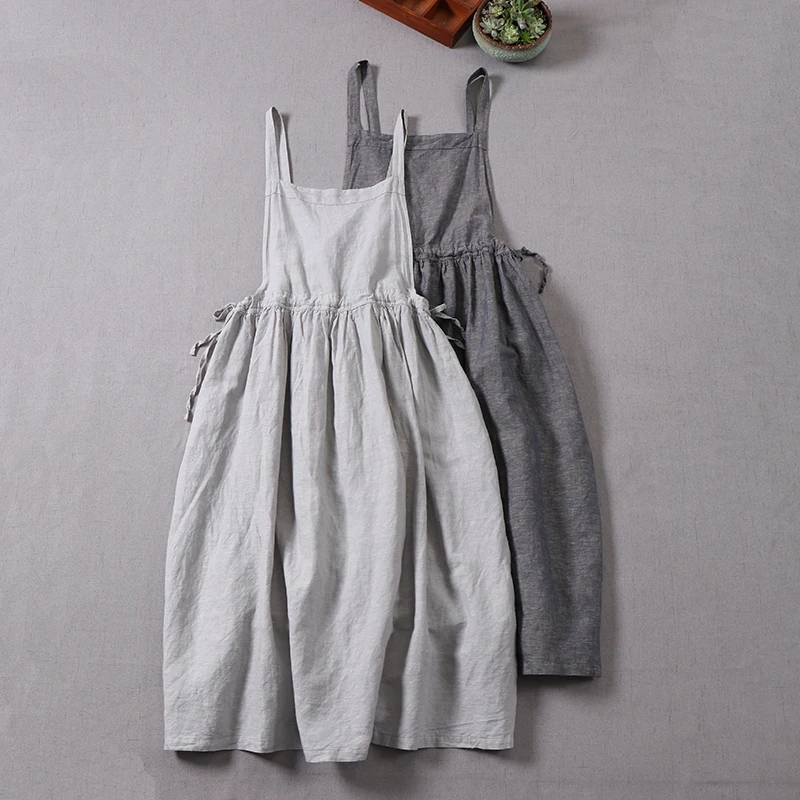 Japanese Style  Linen Strap Dress French Long Cotton Linen Dress