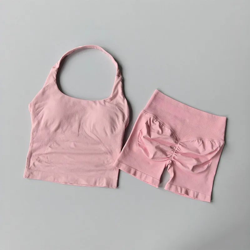 Nahtloses Neckholder-Yoga-Set für Damen, zweiteilig, Push-up-Sport-BH mit hochtaillierten, bauchkontrollierenden und figurformenden Fitness-Shorts – Detail 11
