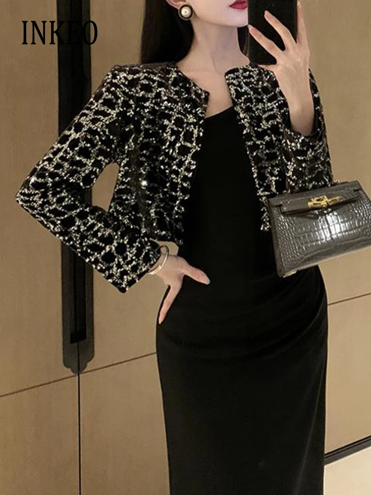 Club Velvet Sequined Cropped jacket blazer Spring autumn Fashion O-neck long sleeve coat 2024 New Lady clothing INKEO 3O383