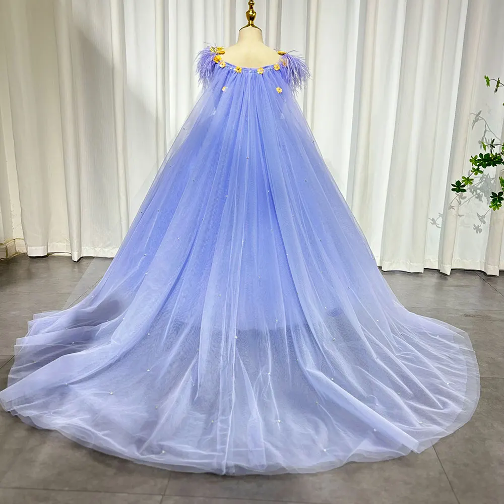 Vestido lila de flores para niña, prenda de lujo para boda, aplique con capa, pluma, fiesta de cumpleaños, comunión, 2024