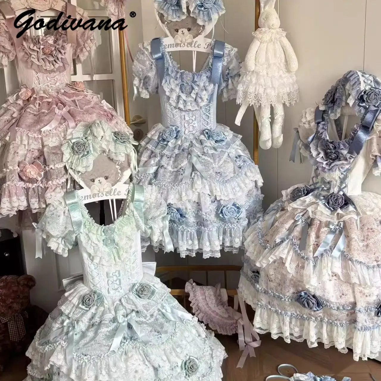 Original Rose Manor Rose Lace Flower Dress Girl Women's Sweet Off-the-shoulder Slim Lolita Puffy Dress Birthday Princess Dresses
