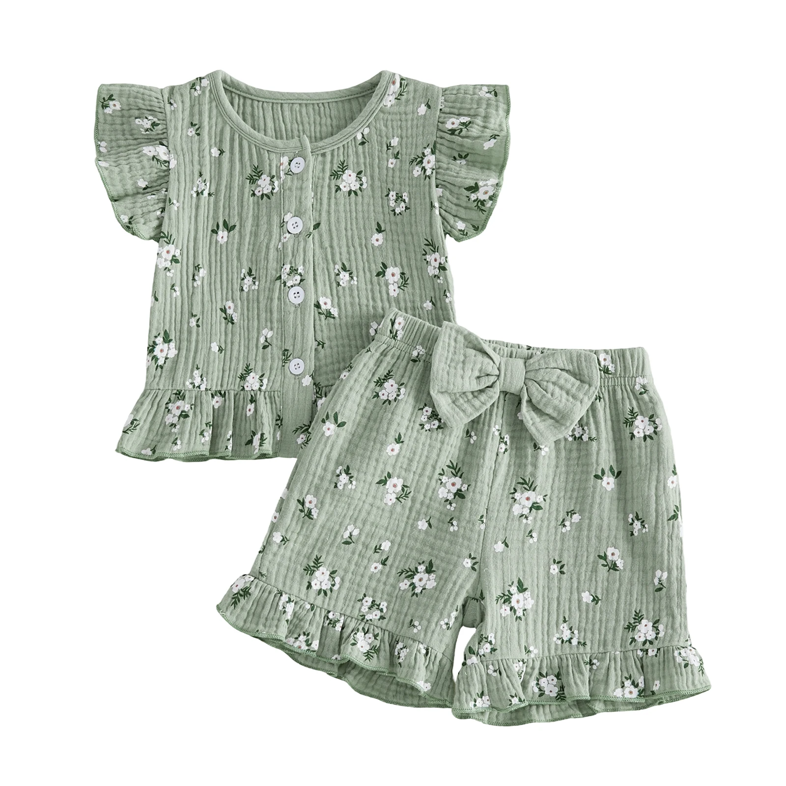 Toddler Baby Girl Shorts Set Daisy Flying Sleeve Button-up Ruffled Tops and Shorts 2 Piece Summer Outfit