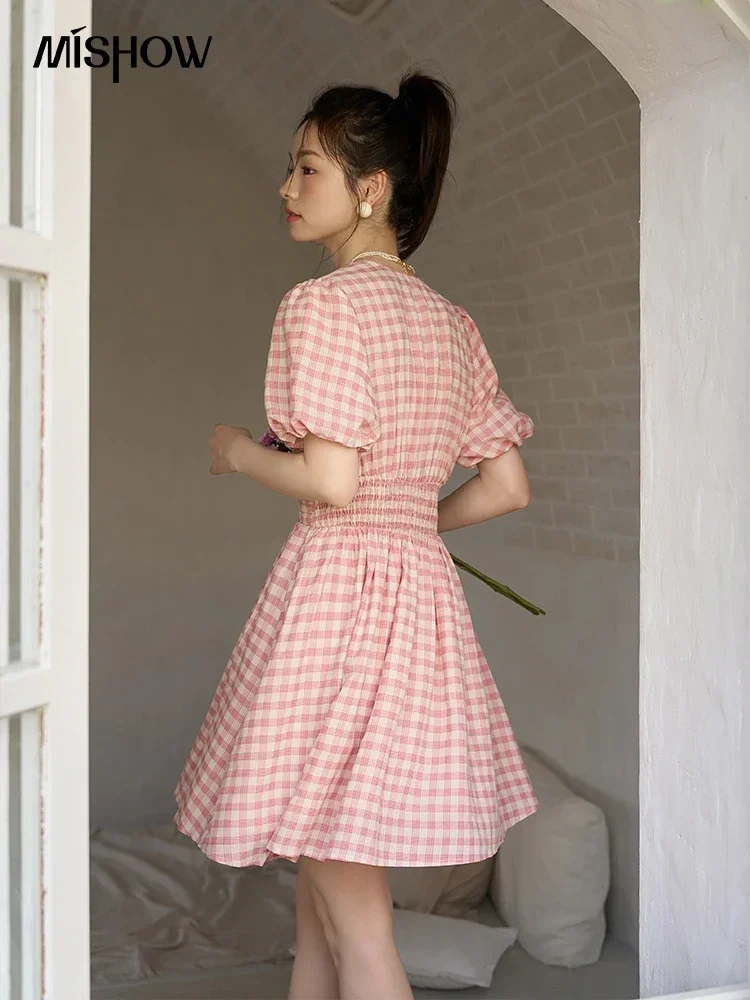 MISHOW Pink Plaid Dress for Women 2023 Summer A-LINE Puff Sleeve V-Neck Retro Pullover Elastic Waist Slim Midi Dress MXC35L1461