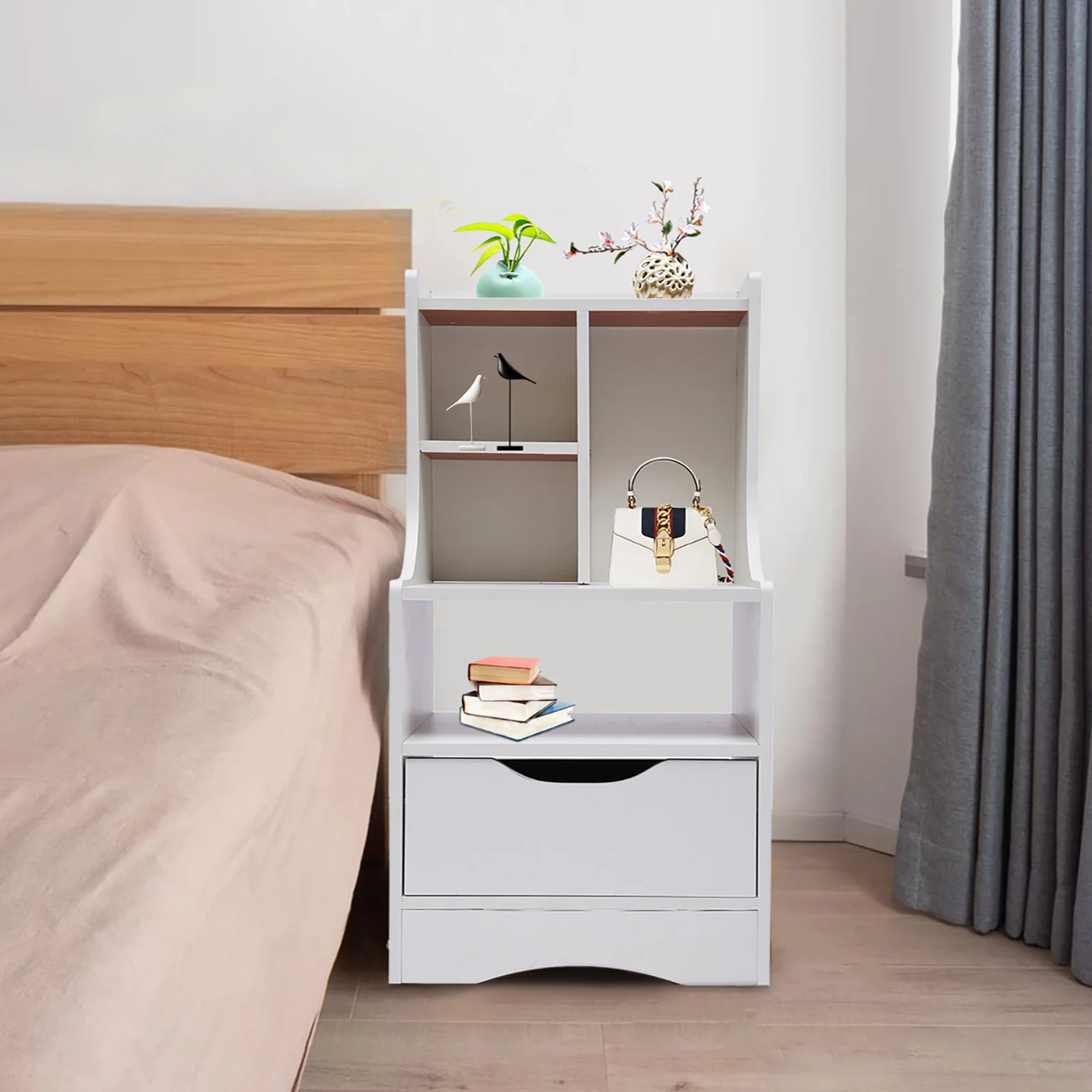 Nightstand Modern Bed Side Tables with Drawer 2-in-1 Wood Storage Cabinet End Table Bookshelf Open Shelf for Bedroom White