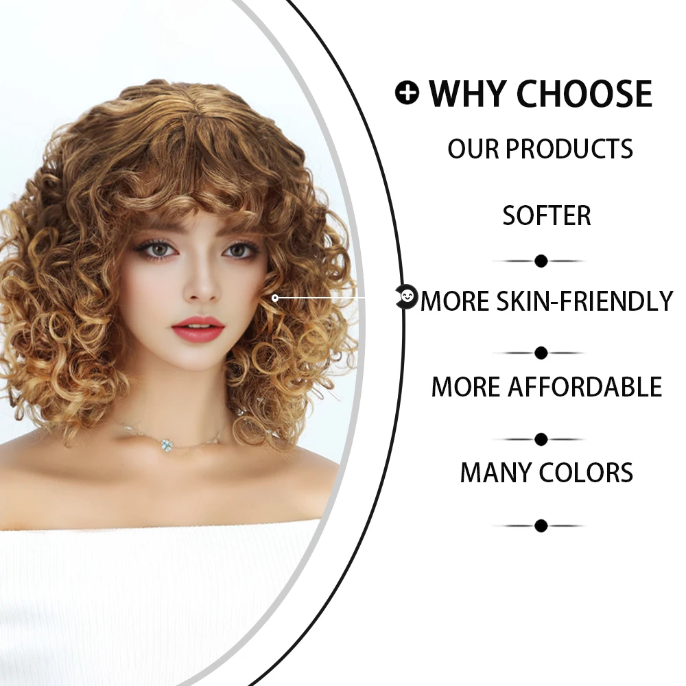 Short Curly Gold Gradient Synthetic Afro Wig With Curly  Bangs Natural Wig Heat Resistant Fiber Cosplay Woman