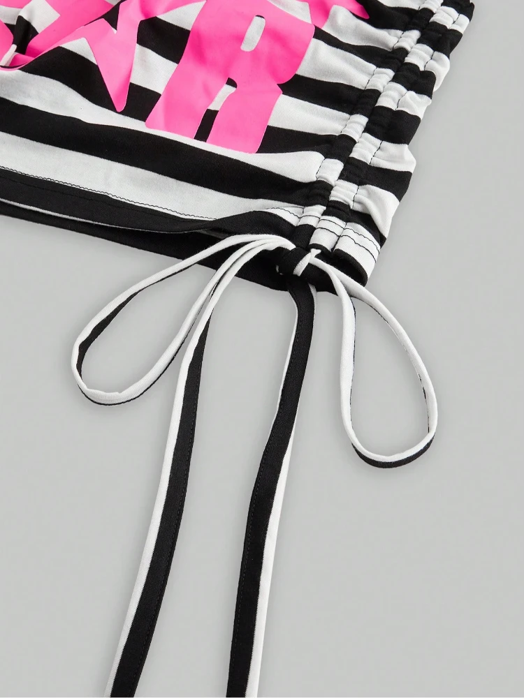 New 2025 Summer Printed Letter Stripe Shoulder Leaky Spicy Girl Fashion Versatile Short Sleeve T-shirt Top Strap Up Women's Clot