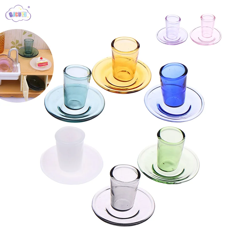 2pcs 1/12 Dollhouse Mini Glass Cup With Plate Kitchen Tea Set Decoration Dolls House Accessories Kid Pretend Play Toy