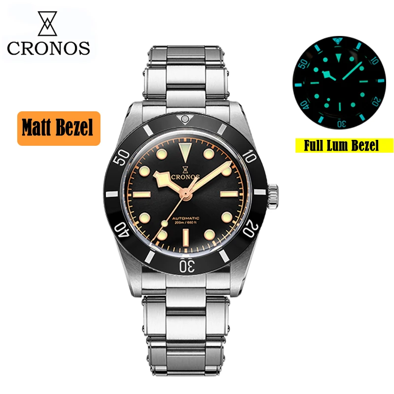 Cronos Luxury Men's Watches 37mm Diver BB54 Vintage Automatic Matt/ Aluminum Bezel Sapphire 20 Bar PT5000/Miyota 9015 L6033/6054