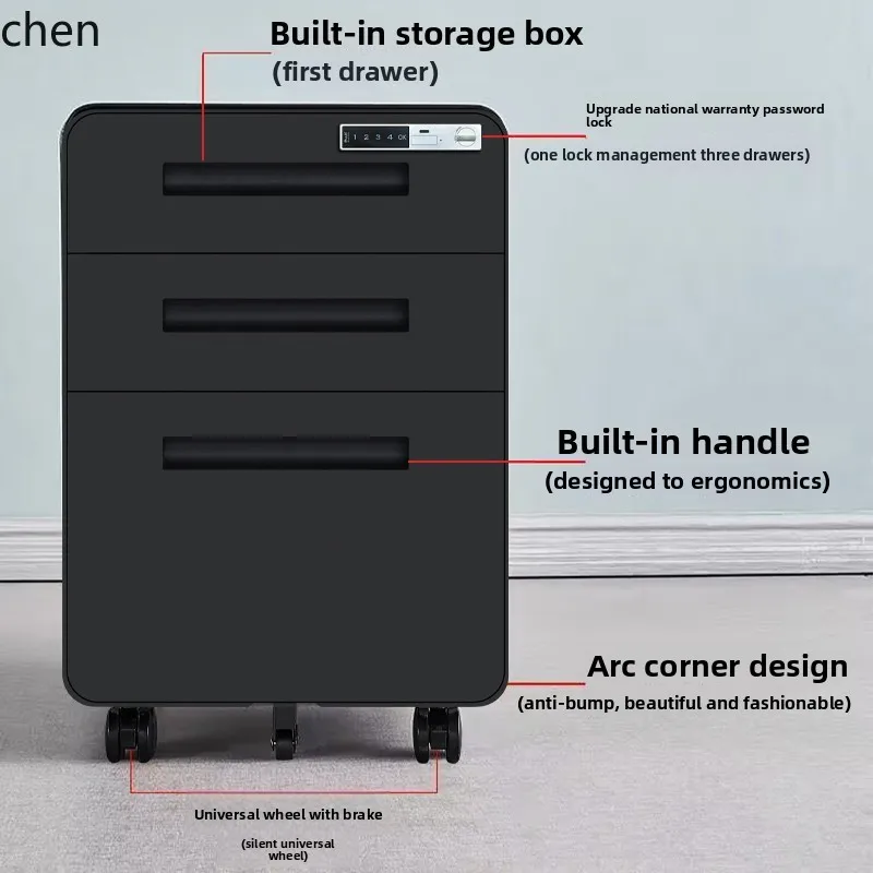 YFY Office File Cabinet Password Lock Drawer Cabinet Wheeled Mobile Iron Cabinet