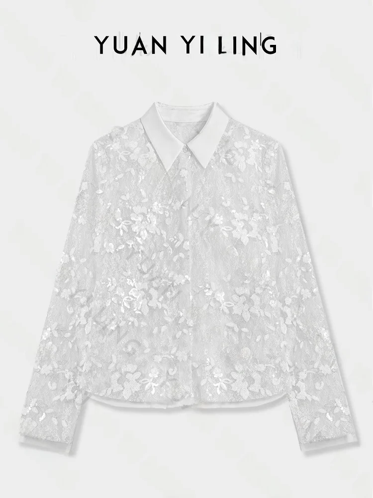 

Ele Embroidered Lace Hollow out Bead Design Women's irt by Yuan ling Spring 2025 Commute Sle Long Sve Regular Fit