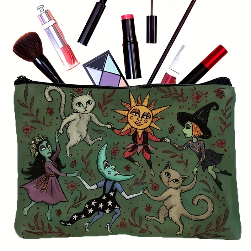 Charming Forest Makeup Bag Witch Cat Moon Star Floral Fantasy Print Dark Green Zipper Pouch Lightweight Foldable Handmade Travel