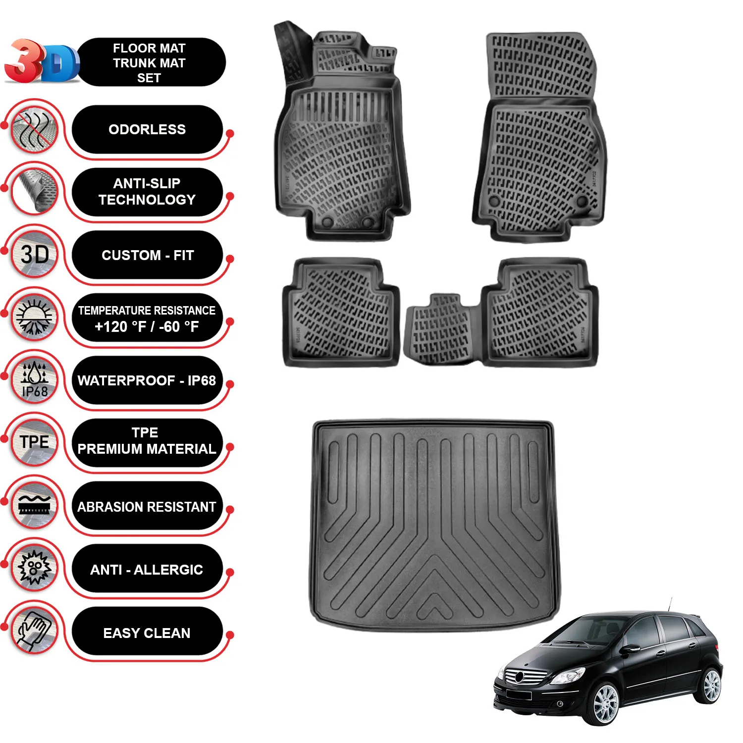 

Mercedes B Class W245 - (2005-2011) - Floor Mats + Cargo Trunk Liner - SET