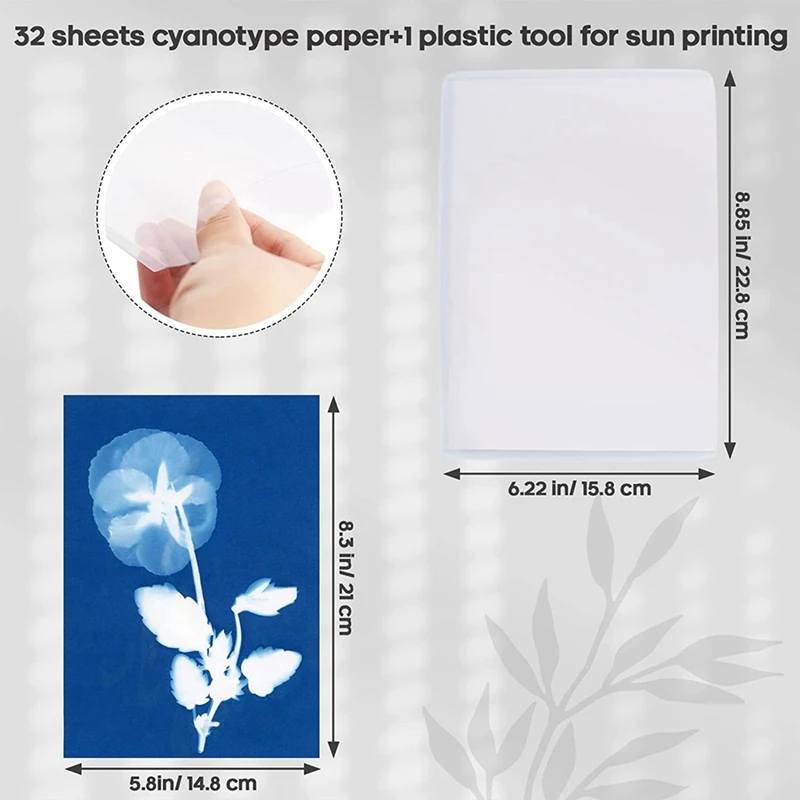 ●32Pcs Sun Print Paper, A5 Sun Art Paper with 1 Plastic Tool for Sun Printing Light Sensitive Solar Photography Paper Kit