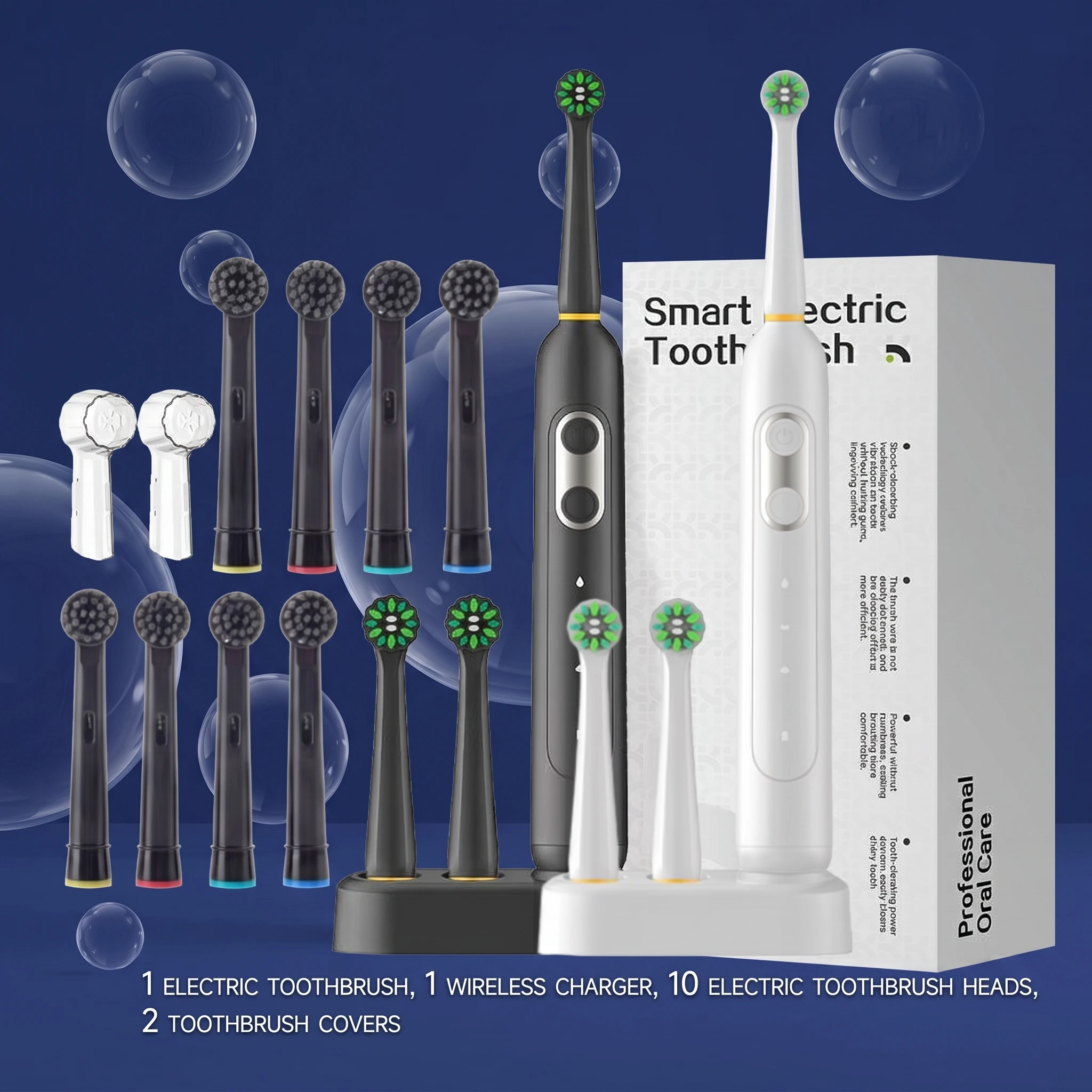 Smart Rotary Electric Toothbrush USB Rechargeable Wireless Charging Deep Clean Soft Bristles with 10 Replacement Brush Heads