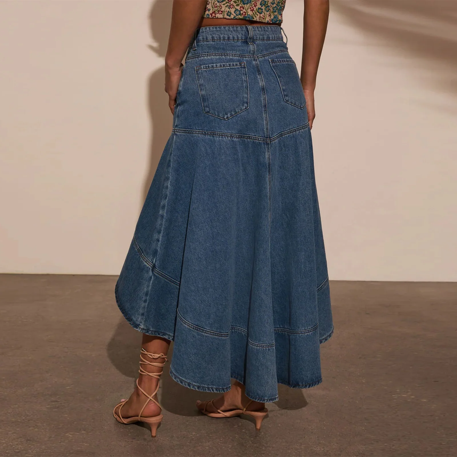 2025 femmes Vintage Denim asymétrique jupe Midi haute et basse une ligne solide Jean jupe pour l'été printemps automne