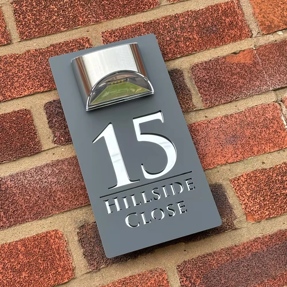 

Custom Solar LED House Number Sign Modern Grey Silver Acrylic Plaque Waterproof Outdoor Address Contemporary Property Numbers