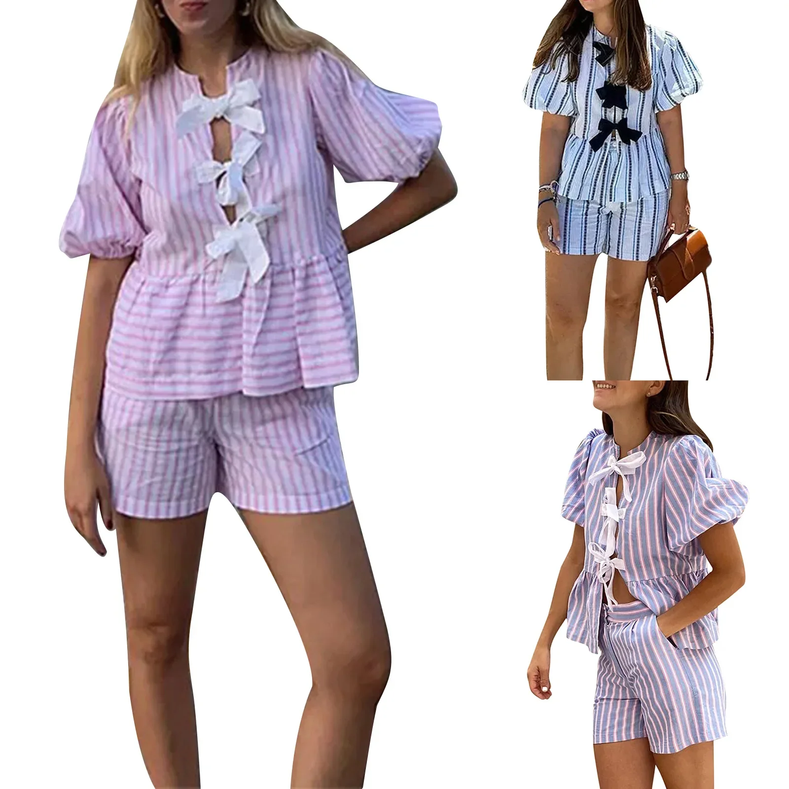 2025 New Arrival Europe And The United States Cross-border Summer New Fashion Striped Hollow Shirt Shorts Suit Hot Sale Suit Set